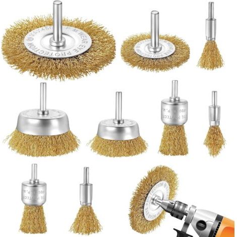 Lot de 9 Brosse Metallique pour Perceuse, Brosse Laiton pour Perceuse Queue de 6 mm, Brosses Meuleuse, Visseuse Perceuse à Pour nettoyer le métal/le bois/la peinture/le brossage de surface
