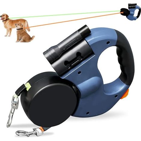 Laisse pour chien bleu foncé, laisse rétractable de 3 mètres, poignée à double extrémité, conception à double corde, peut attacher deux chiens en même temps, avec lumière LED. (1/5)