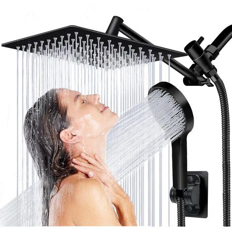 Pommeau de douche multifonction haute pression de 20 cm avec douchette à main, bras extensible orientable de 28 cm, régulateur de débit, finition noir mat. (1/5)