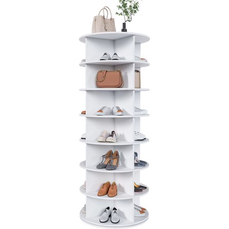 Meuble à chaussures d'entrée Étagère à chaussures 7 Niveaux 28 Paires 60×60×161cm Ronde pivotante à 360° Meuble Multifonctionnel Moderne Blanc