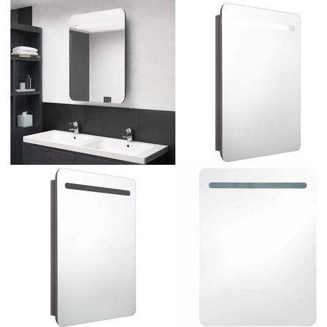 Armario de baño con espejo LED gris brillante 60x11x80 cm - Armario de tocador con espejo - Armario de baño moderno