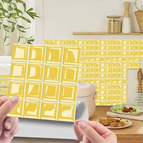 Lntyq – Lot de 20 stickers muraux 3D mosaïque – Imperméables et auto-adhésifs – Décoration carrelage salle de bain et cuisine – Jaune 20x20cm
