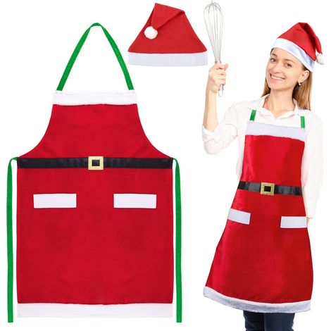 Tablier cuisine rouge Noël avec chapeau Père Noël, motifs décoratifs, poches, déguisement fête de fin d’année (1/5)