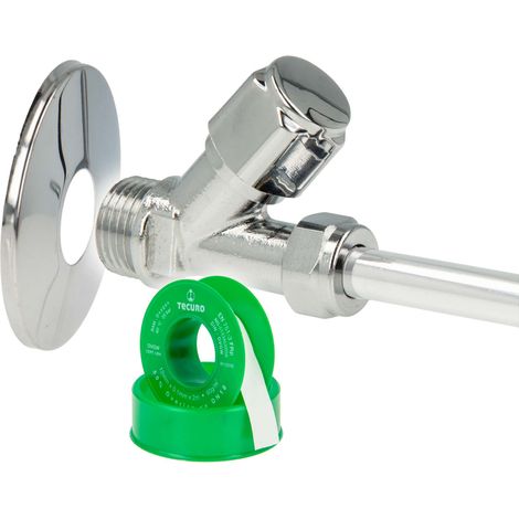 tecuro COMFORT Schrägsitzventil 1/2 Zoll x 3/8 Zoll, MS-glanzverchromt, mit Rosette und Teflonband