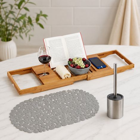 Bathroom Spa Set (3-Piece) - Anti-Slip Bath Mat, Steel Toilet Brush & Bamboo Bath Tray (1/5)