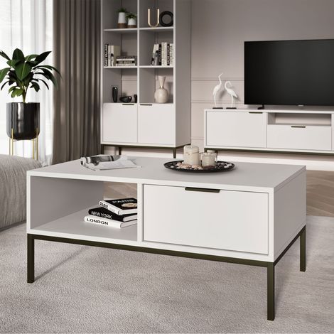Table basse 2 tiroirs 100x60x45,4 cm blanc et métal noir - AUZTY