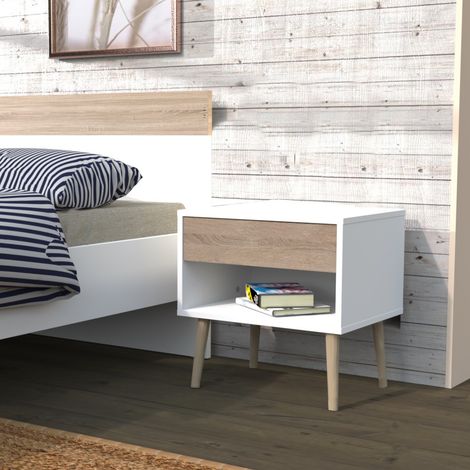 Table de chevet 1 tiroir – Structure en panneau de particules – Finition blanc et chêne blanchi – Dimensions 47x39x50 cm – Weber Industries (1/6)
