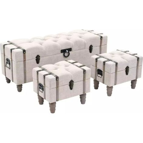 Banquette coffre capitonnée avec poufs tissu beige Palawa - Lot de 3 (1/5)