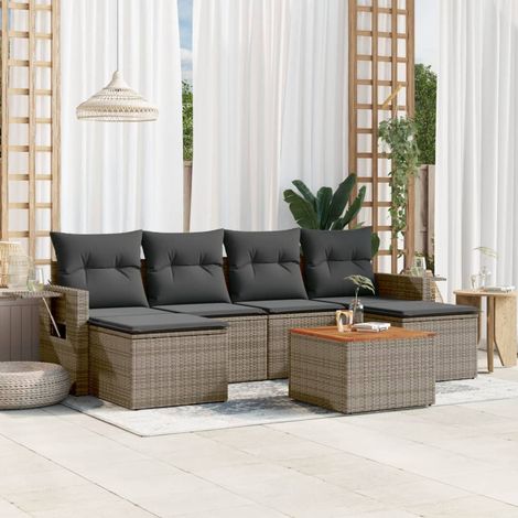 Salon de jardin 7 pcs en résine tressée et bois d'acacia avec coussins gris foncé - PANGIVO (1/5)