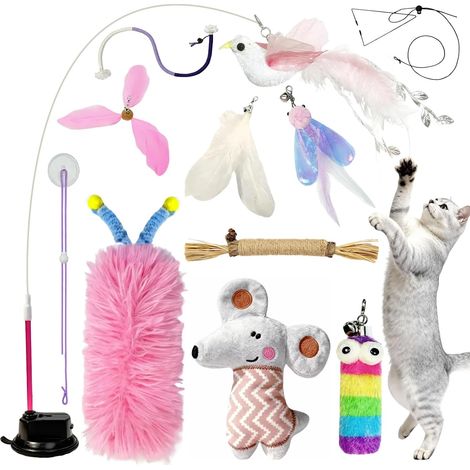Jouet Chat Interactif 7 en 1, Lot de Jouets pour Chat d'Intérieur avec Ventouse Lavable, Canne à Plume, Jouets Suspendus, Jouet Oiseau, Bâtonnets Herbe à Chat, Corde à Mâcher et Peluche (1/5)