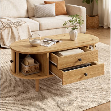 Mesa de centro ovalada con tapa elevable, fabricada en MDF con puertas correderas ranuradas y 2 cajones, mesa auxiliar para sofá, 100x50x40 cm, color natural (1/5)