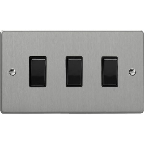Varilight 3-Gang 10A 1- or 2-Way Rocker Switch Twin Plate Brushed Silver