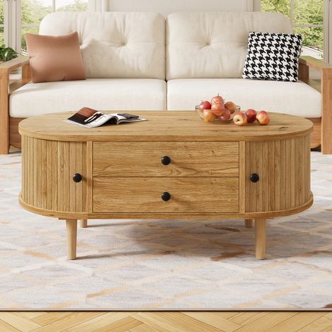 Table basse ovale rétro moderne avec porte coulissante, 2 tiroirs, rainures verticales, pieds en bois, table de salon multifonctionnelle (1/5)