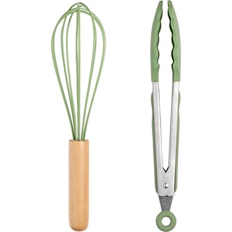 Ensemble Ustensiles Cuisine Silicone Resistante Chaleur - Manche Bois Naturel - Pour Poêle Antiadhésive - Lot De 2 Pièces (1/5)