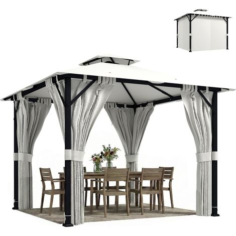 Tonnelle de jardin extérieur 3x3m pavillon de jardin, toit double, rideaux, crochets de plafond, cadre en métal, crème