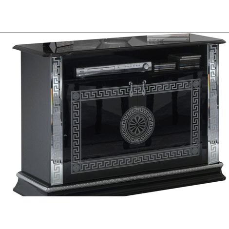 Meuble TV 2 portes 1 niche bois vernis laqué brillant noir et gris Venus 100cm (1/3)