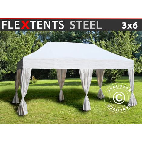 Pop up gazebo FleXtents Steel 3x6 m White, incl. 6 decorative curtains