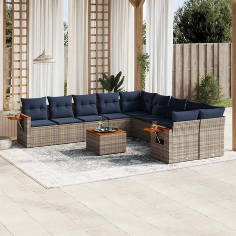 11-tlg. Garten-Sofagarnitur mit Kissen Grau Poly Rattan (1/5)
