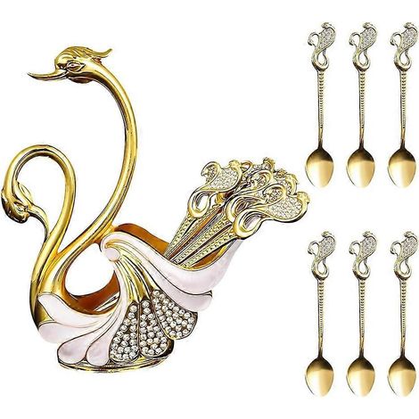 Decorative métal swan base cuillère à café support avec lot de 6 pièces cuillères lot, café cuillère à thé lot (1/5)