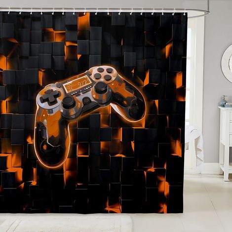 Rideau de Douche Enfant Gamer 180x180 cm, Rideau Douche Ado Garcon Console de Jeux Rideau de Bain Carré Géométrique Orange Rideau de Baignoire À Carreaux - 180L X 180H cm (1 Panneaux) (1/5)