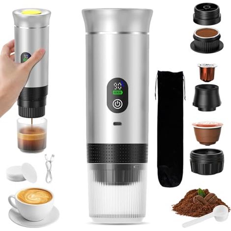 Macchina da caffè portatile 3 in 1, ricaricabile, ideale per viaggi, con funzione espresso, 12V, per capsule e caffè macinato, perfetta per campeggio, ufficio, viaggi, casa e auto (argento) (1/5)