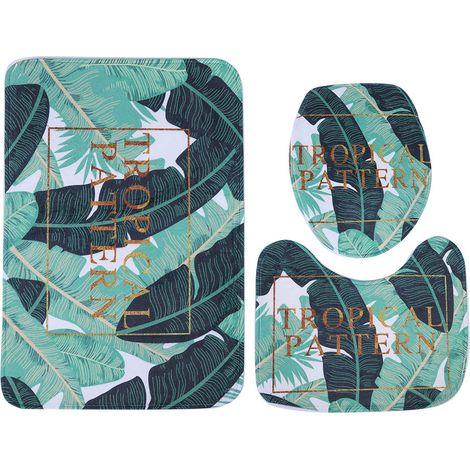 Tapis De Bain Anti-Dérapant En Flanelle - Motif Feuille De Banane - Pour Salle De Bain Et Toilettes - Lot De 3 Pièces (1/5)