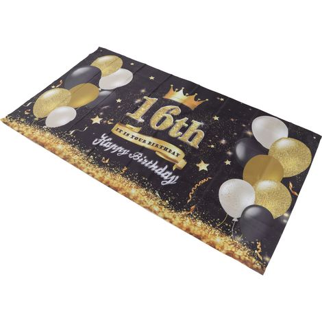 Décoration murale lavable « Joyeux anniversaire » avec ballons noirs et dorés et feux d'artifice - Bannière pour 16 ans, idéale pour une chambre ou un jardin. (1/5)
