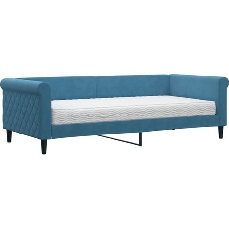 Lit simple,Lit adulte,Lit de jour avec matelas bleu 90x200 cm velours CFW49009 (1/5)