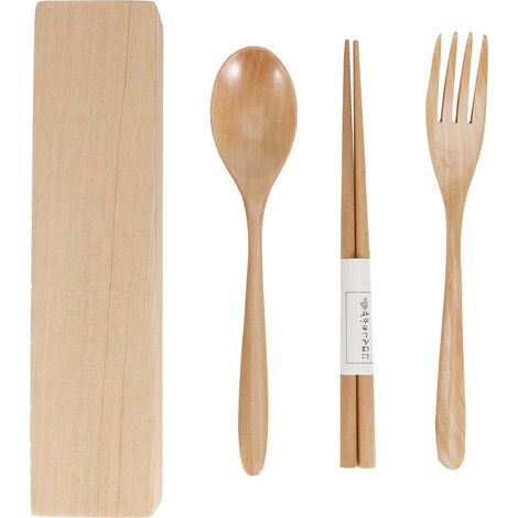 Coffret de couverts portable comprenant baguettes, fourchette et cuillère en bois, idéal pour la maison et les voyages. (1/5)