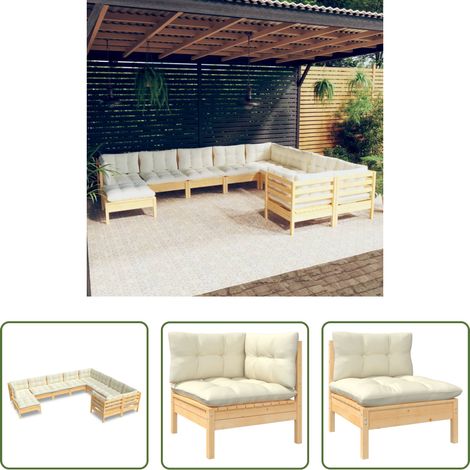 vidaXL Terrassenmöbel -  10-tlg. Garten-Lounge-Set mit Creme Kissen Kiefernholz (1/5)