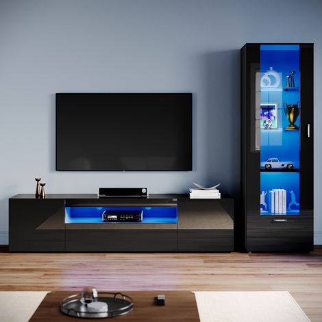 ELEGANT Living Room Set Modern High Gloss Fronts with LED Light, 2000mm TV Stand, Display Cabinet with Glass Shelf Tall Storage Cabinet, Black (1/5)