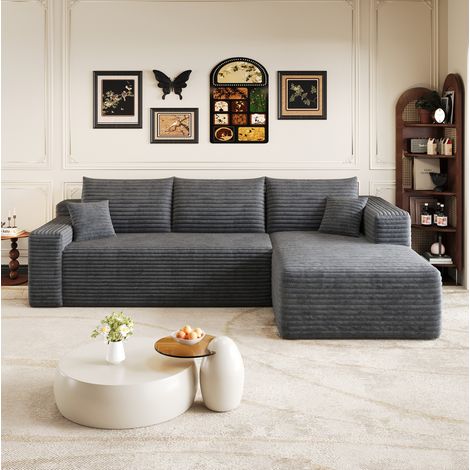 Canapé d’angle 241x151x58 cm gris foncé en tissu aspect velours côtelé, assise profonde, sans montage (1/5)
