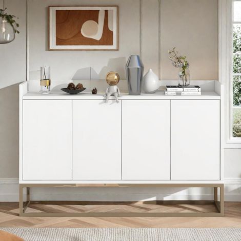 Sideboard mit 4 Türen, niedrig, weiß, verstellbares Regal, goldene Metallbeine (1/5)