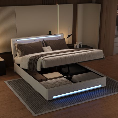 Lit Coffre 160x200 cm avec Sommier à Vérins Hydrauliques - LED Intégrées et Tête de Lit Réglable - Tissu en Lin - Beige