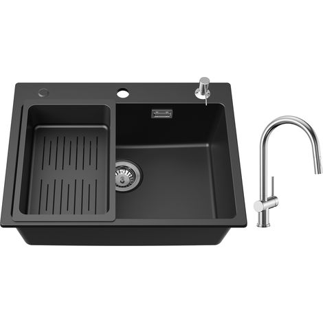 Cecipa Lavello 1 Vasca 60x45 cm con Cestello di Scarico e Dispenser per Sapone + Miscelatore da Cucina con Doccetta Estraibile Spazzolata (1/5)