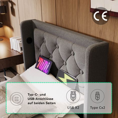 Lit double matelassé 90x200 cm gris, tissu coton, sommier coffre hydraulique, tête de lit rembourrée avec port USB-C, éclairage LED 3 côtés, matelas inclus (1/5)