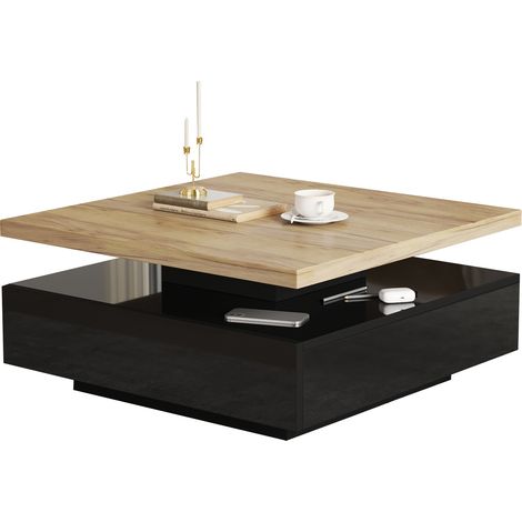 Mesa de centro cuadrada giratoria 360° con cajón oculto 70x70x36 cm negro y nogal HOMVRA (1/5)