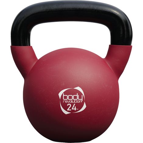Kettlebell Body Revolution 24kg – Pesa de hierro fundido burdeos con base plana – Revestimiento de neopreno – Codificada por color – Mango ergonómico para fuerza en casa o gimnasio