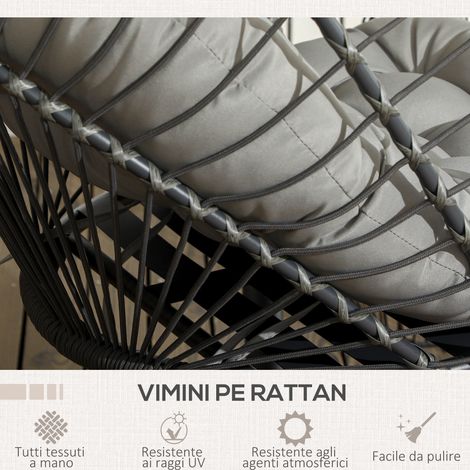 Poltrona suspendue en rotin PE gris avec coussin, structure en acier, assise pliante pour extérieur, terrasse et jardin (1/5)