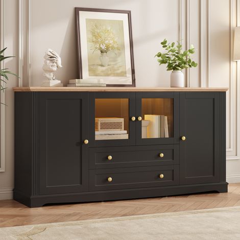 Buffet Bas avec 4 Portes dont 2 Vitrées, 2 Tiroirs et LED par Appli, Meuble de Rangement pour Salle à Manger, MDF et Poignées en Fer - Noir (1/5)