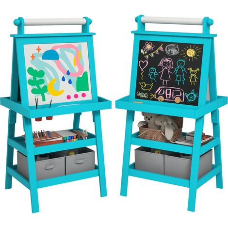 Chevalet 3 en 1 pour enfants, tableau blanc et tableau noir magnétique double face avec rouleau de papier et paniers de rangement - Bleu (1/5)