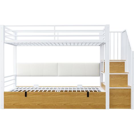 Cama alta de metal blanco 90 x 200 cm con escalera de almacenaje y respaldo de PU (1/5)
