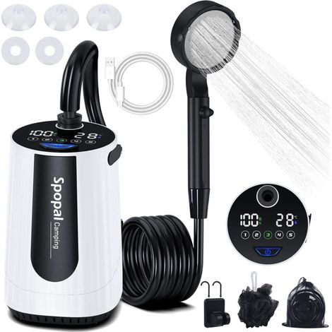 Douche Portable, Kit Douche de Camping,10000mAh,Douche Camping, Rechargeable, avec Afficheur Intelligent et 5 Vitesses Réglables pour Extérieure,Camping,Voyage,Animaux