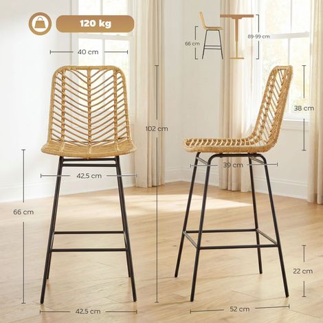 Ensemble de 2 tabourets de bar style bohème, en rotin PE, avec repose-pieds, 42,5 cm x 52 cm x 102 cm, jaune et noir (1/5)