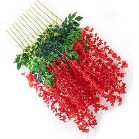 Décoration florale artificielle en soie, 6 feuilles de glycine rouge, idéale pour l'intérieur.