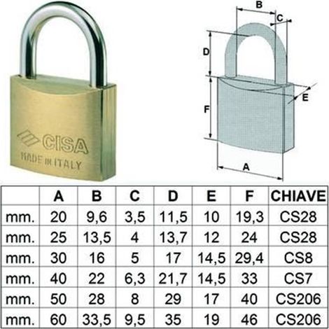 CISA - LUCCHETTO OTTONE ARCO NORMALE 22010-- - mm.30 -- FER 64279