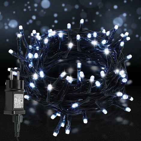 Jiubiaz Catena luminosa LED 10 m 100 LED bianco freddo, 8 modalità, memoria, cavo 5 m, IP44, cavo nero, per Natale, giardino, balcone, terrazza, feste, albero (1/5)