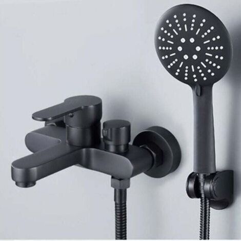 Mitigeur Baignoire Noir Douchette 3 Jets Robinet Douche Mural Support Flexible (1/4)