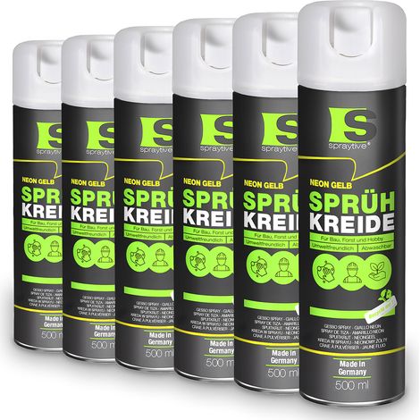 Spraytive 6x 500ml Sprühkreide neon-gelb - Abwaschbare leuchtende Kreidefarbe, Outdoor Kreidespray, Bodenmarkierung, Temporäres Markierungsspray (1/5)