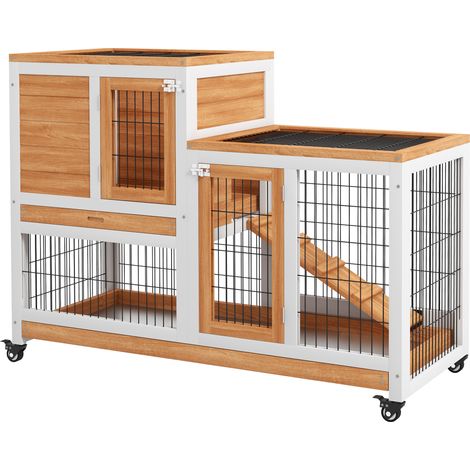 Conejera de Madera 2 Niveles Jaula para Conejos con Ruedas Rampa y Bandejas Extraíbles 110x50x88cm